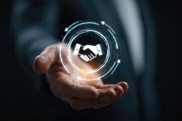Digital handshake icon appears over open hand, symbolizing partnership