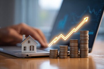 Growing stacks of coins and house model near laptop with graph