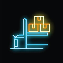 Neon forklift lifting boxes on black background, concept of delivery service and transportation