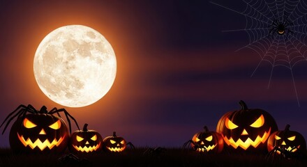 Fototapeta premium Spooky halloween night with carved pumpkins and a full moon