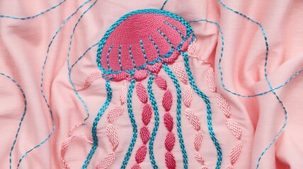 Hand embroidered pink jellyfish with blue outline on fabric detail