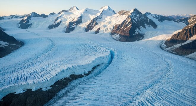 Aerial view of a glacier flowing between rugged, snow-capped mountains