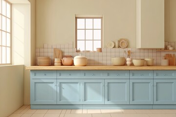 Fototapeta premium Cozy kitchen with light blue cabinets and wooden countertops