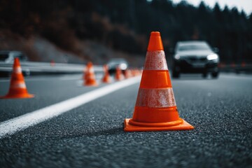 Orange traffic cones mark a lane on a road with passing cars