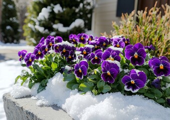A garden displays horned pansies highlighting the contrast with winter's remnants.