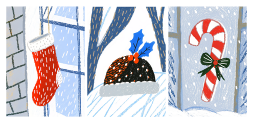 Hand-drawn crayon Christmas illustration featuring a red candy cane, festive pudding, and hanging stocking in a snowy window scene. Cozy winter holiday art for greeting cards and design projects.