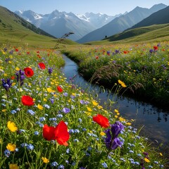 Alpine Wildflower Meadow with Mountain Backdrop