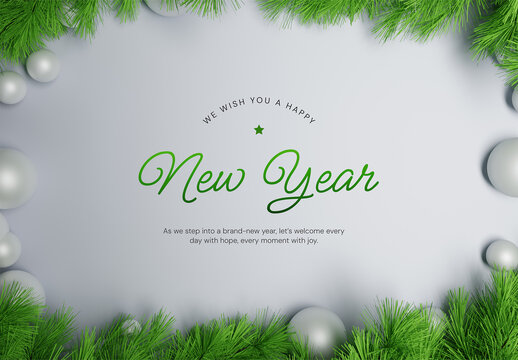 3D Happy New Year Background with Decorative Pine Leaves Mockup