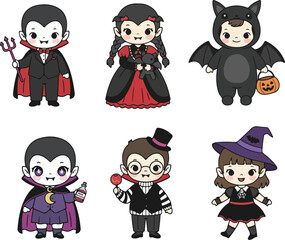 Cute Halloween Kids in Vampire, Dracula, and Bat Costumes Character Set