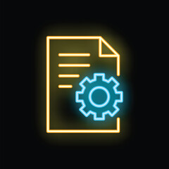 Glowing neon icon of a document being processed with a gear, representing project management