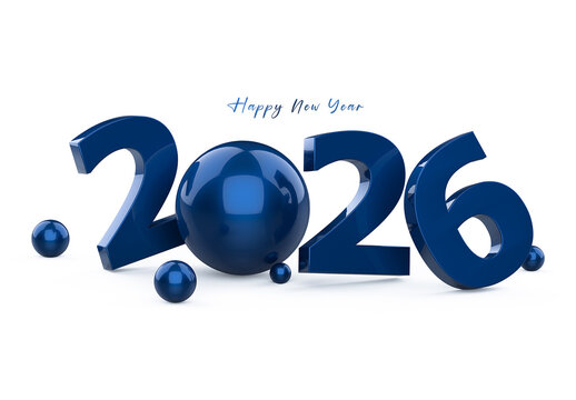 3D Rendering Happy New Year 2026 with Metallic Blue Numbers Background