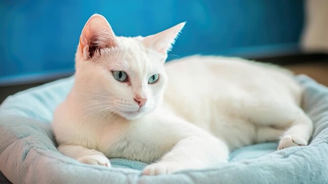 A white cat is relaxing on top of a blue bed