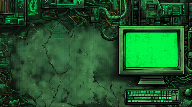 Futuristic green computer terminal with cracked wall, grunge texture, cables, and sci-fi control panels in cyberpunk style.
