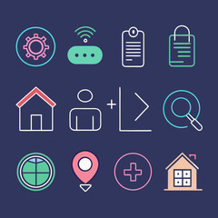 Fototapeta premium Minimalist flat line vector icons for UI actions — home, search, settings, user, notification.
