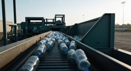 Obraz premium Bottles on conveyor belt lead into an industrial recycling machine outdoors