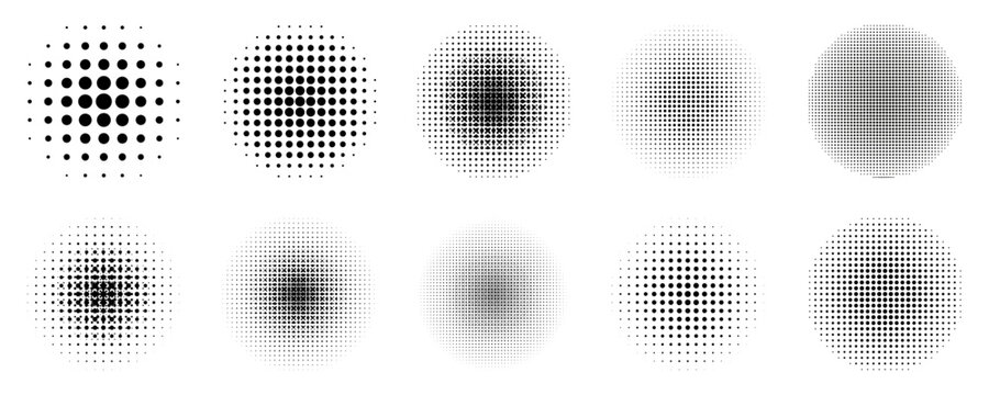 Dotted circles set, round shapes with halftone effect, dot elements collection