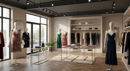 Boutique interior mannequins displaying dresses, hanging clothes, minimalist design