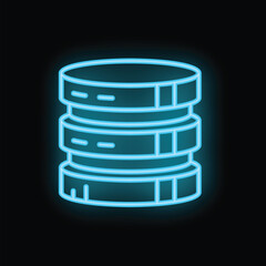 Neon blue database icon glowing against a black background