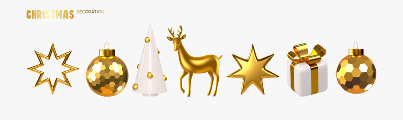 Naklejka na ściany i meble Set of 3D Christmas decorations with golden bauble, white cone tree, reindeer, gift box with ribbon and stars. Elegant festive elements for winter New Year holiday design. Vector illustration. Naklejka na ściany i meble Set of 3D Christmas decorations with golden bauble, white cone tree, reindeer, gift box with ribbon and stars. Elegant festive elements for winter New Year holiday design. Vector illustration.
