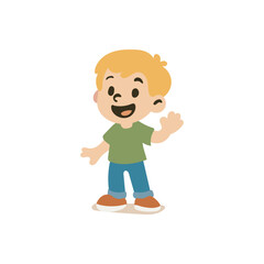 Happy boy waving, kid character vector illustration. Cute smiling boy waving, perfect for kids, preschool, family, and education designs.