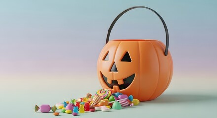 A festive pumpkin bucket overflowing with colorful candies, a sweet symbol of autumnal delight.