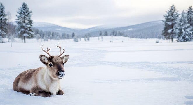 A young reindeer resting peacefully in the snow covered landscape, a winter wonderland unfolds around.