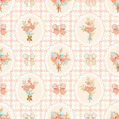 Preppy flirty flower bouquet with bow in frame seamless pattern on check bow background. Vector cute cartoon hand-drawn illustration. Tartan check, textile, baby clothes, wallpaper, scrubbing, fabric