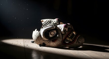 An ancient mask lies broken and abandoned, its sinister visage a silent testament to forgotten lore.