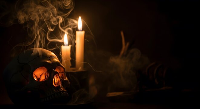 Eerie human skull illuminated by flickering candlelight, wisps of smoke drift in the darkness.