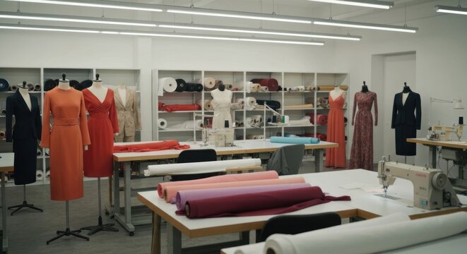 Bright, spacious fashion design atelier filled with mannequins and sewing machines