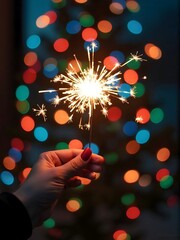 A close-up of one hand holding sparklers against a blurred background of colorful Christmas lights. The hand, with light skin, are centered in the foreground, holding the sparklers which emit bright, 
