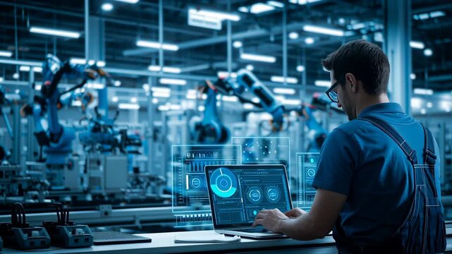 Advanced robotics technology in a modern manufacturing facility with a technician monitoring systems