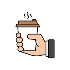 Hand holding takeaway coffee cup vector illustration in flat minimal style with brown lid and white background