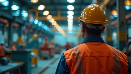 Back view of construction worker in industrial setting interior workshop performance assessment focus on safety