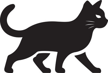 Cat walking silhouette whiskers white background, Minimal black feline pet vector
