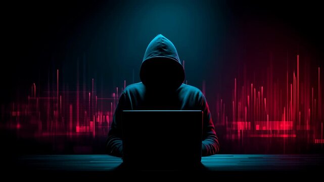 Mysterious hacker silhouette working on a laptop in a dark, digital environment with neon lights