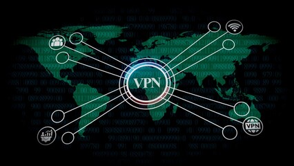 Fototapeta premium Global VPN Network Connection Concept with World Map and Digital Data Overlay virtual private network