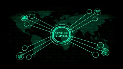 Green Global Network with Digital Data and Business Icons Representing Venture Capital binary code world map