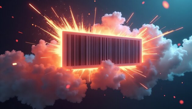 Large barcode emerging from explosion cloud with glowing outline in dynamic modern pop style  - Powered by Adobe