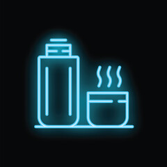 Neon blue icon of a thermos and a cup releasing steam on a shelf