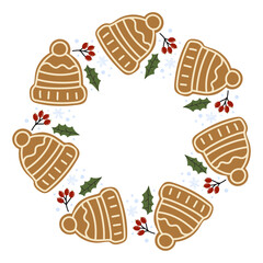 Decorative circle of gingerbread hats and festive elements for winter celebration