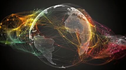 A digital representation of Earth with vibrant, flowing lines symbolizing connectivity and data transfer across the globe.