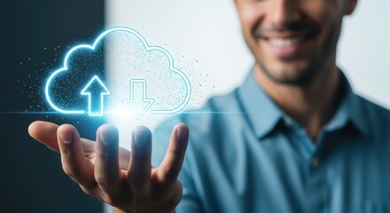 Smiling man presenting a cloud computing concept with upload icon and server icon
