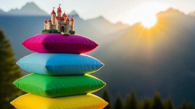 A miniature castle sits atop a stack of colorful pillows, with a mountain landscape and sunset in the background, evoking a fairytale dream.
