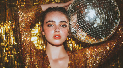 Elegant woman holding disco mirror ball in golden sequin background celebrating glamorous holiday nightlife