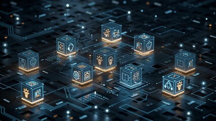 Futuristic digital technology cubes representing innovation and creative ideas in a tech environment - Powered by Adobe