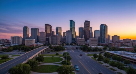 Fototapeta premium City skyline at dawn, featuring skyscrapers and a highway leading in