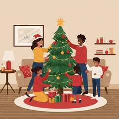 Happy multi-ethnic family decorating Christmas tree at home. Joyful holiday celebration, festive season, togetherness, and winter cheer.