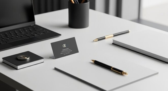 Clean office setup with stationery and laptop - Powered by Adobe