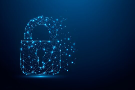 Digital lock unlocking with glowing blue network particles